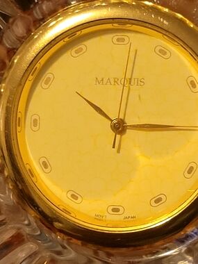 Vintage Marquis Gold Tone Round Waterford Crystal Desk Clock Yellow Dial - Runs